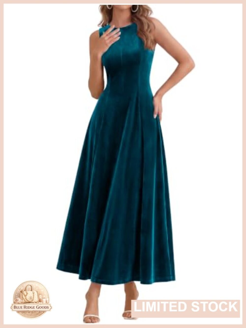 Velvet Maxi Dress Sleeveless Crewneck Fit and Flare Wedding Guest